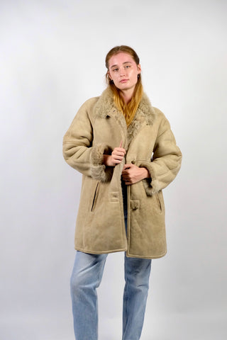 Vintage 80s/90s Shearling Ledermantel Creme Beige - S/M