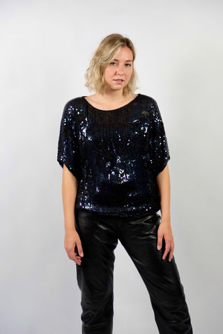 Vintage 80s Blumen Pailletten Shirt Transparent - L/XL