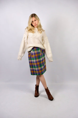 Vintage 70s High Waist Wolle Karo Rock - XS