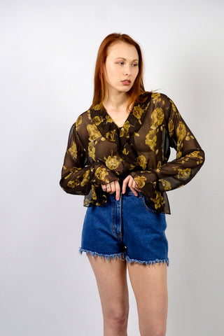 Vintage 90s Blumen Print Viskose Volantbluse - M bis XL