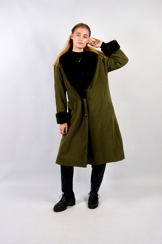 Vintage 80s Penny Lane Trenchcoat mit Kunstpelzfutter Oliv - S/M