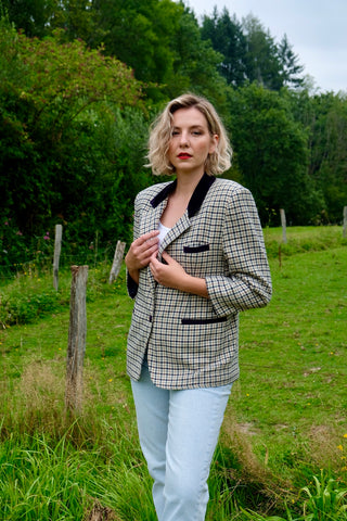 Vintage 90s Wolle Mix Hahnentritt Blazer - L