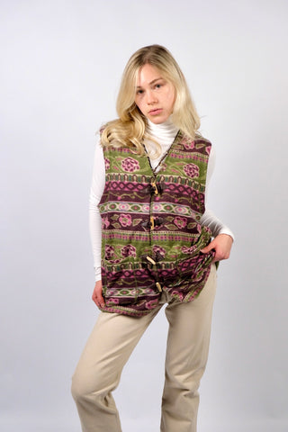 Vintage 90s Boho Blumen Print Fleece Weste - L
