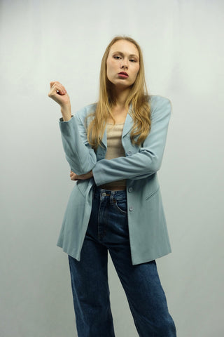 Vintage 90s Stickerei Viskose Mix Blazer Hellblau - XS