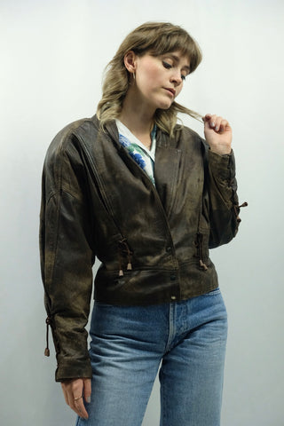 Vintage 80s Crop Bomber Lederjacke - S