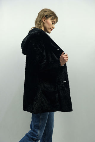 Vintage 80s Fake Fur Mantel mit Kapuze - XS