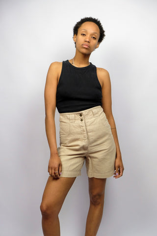 90s High Waist Shorts aus Leinen- und Baumwollmischung in Beige, ideal für eine schmale S (bitte Maße beachten) – ein hochwertiges Basic Highlight