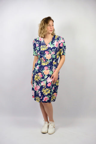 Vintage 80s/90s Botanik & Blumen Print Viskose Blusenkleid - M/L