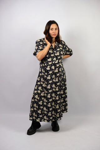 Vintage 90s Blumen & Punkte Print Maxi Seidenkleid - XL