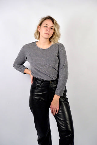 Glitzerndes, quer geripptes 90s Shirt in Grau/Silber mit Rundhalsausschnitt und ¾-Ärmeln – Größe L/XL