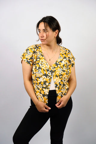 Vintage 80s/90s Boho Crazy Pattern Viskose Crop Bluse - L