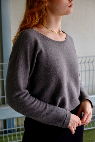Grauer Preloved (Secondhand) Pullover von der Fair Fashion Marke Grüne Erde – bewusst lockerer Schnitt mit Rundhalskragen und hochwertige Materialmischung aus Baumwolle und Alpaka – fair gefertigt in Peru, Größe M/L und ein Basic Highlight