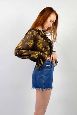 Vintage 90s Blumen Print Viskose Volantbluse - M bis XL