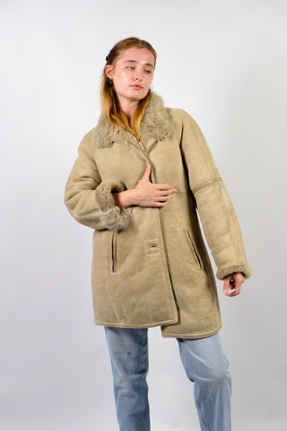 Vintage 80s/90s Shearling Ledermantel Creme Beige - S/M