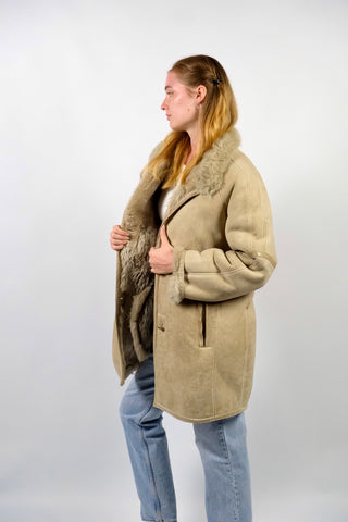 Vintage 80s/90s Shearling Ledermantel Creme Beige - S/M