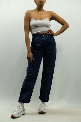 dunkelblaue 90s Replay Jeans made in Italy mit High Waist Bundhöhe und geradem Bein – ideal für eine schmale S, auch tragbar von der Zwischengröße XS/S – ein absolutes Highlight