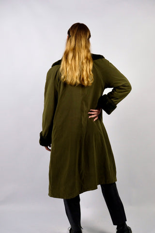 Vintage 80s Penny Lane Trenchcoat mit Kunstpelzfutter Oliv - S/M