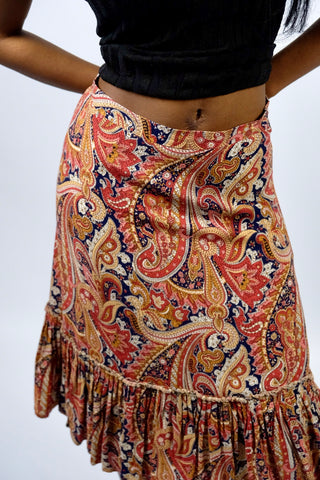 Vintage 70s High Waist Boho Print Rock mit Volantsaum - XS/S