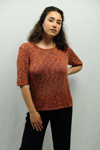 Handmade 90s Strickshirt, Rost/Orange mit meliertem Muster und Glitzerfäden – entspricht ca. einer M