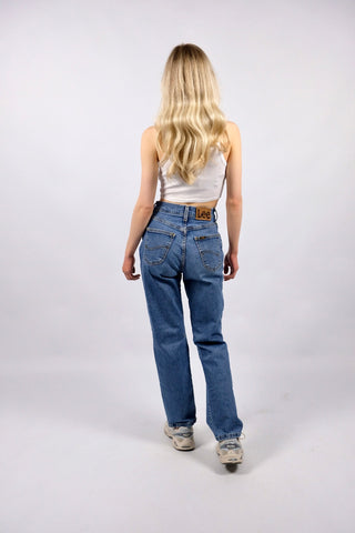 Vintage 90s Lee High Waist Slim Fit Stretch Jeans Mittelblau - XS