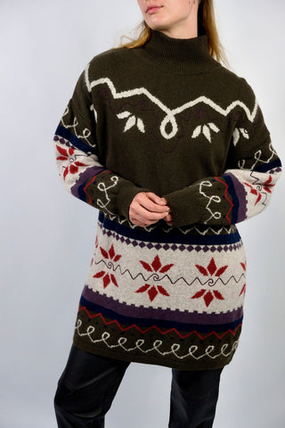 Vintage 80s/90s Deadstock Wolle Norwegermuster Long Pullover - M