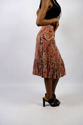 Vintage 70s High Waist Boho Print Rock mit Volantsaum - XS/S
