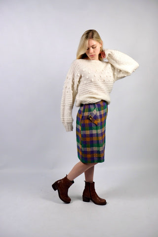 Vintage 70s High Waist Wolle Karo Rock - XS