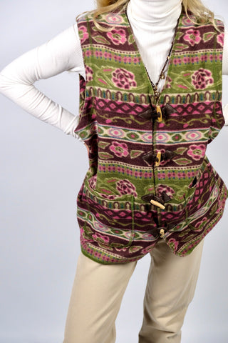 Vintage 90s Boho Blumen Print Fleece Weste - L