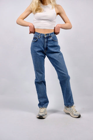 Vintage 90s Lee High Waist Slim Fit Stretch Jeans Mittelblau - XS