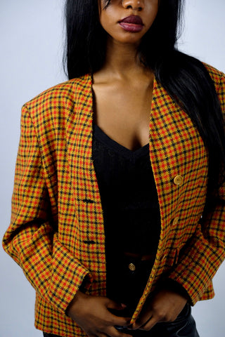 Vintage 90s Wolle & Kaschmir Karo Blazer - M/L