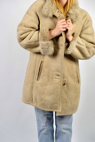 Vintage 80s/90s Shearling Ledermantel Creme Beige - S/M