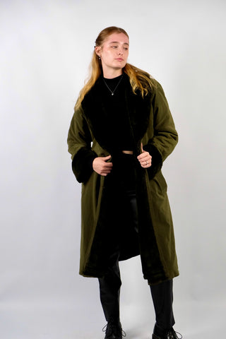 Vintage 80s Penny Lane Trenchcoat mit Kunstpelzfutter Oliv - S/M