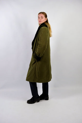 Vintage 80s Penny Lane Trenchcoat mit Kunstpelzfutter Oliv - S/M
