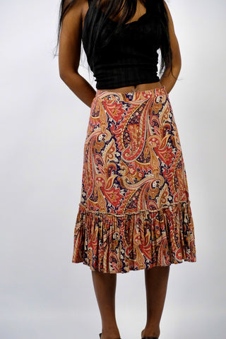 Vintage 70s High Waist Boho Print Rock mit Volantsaum - XS/S