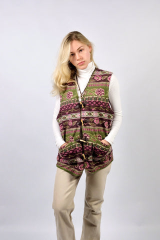 Vintage 90s Boho Blumen Print Fleece Weste - L