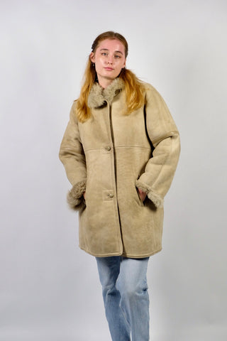 Vintage 80s/90s Shearling Ledermantel Creme Beige - S/M