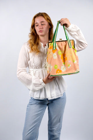 Vintage 70s Blumen Henkeltasche Lachs Peach