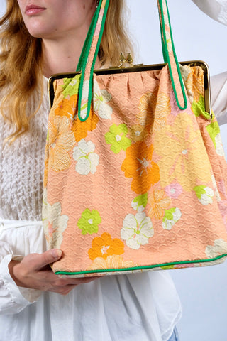 Vintage 70s Blumen Henkeltasche Lachs Peach