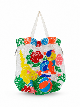 Vintage 70s/80s Perlenstickerei Katzen Beuteltasche