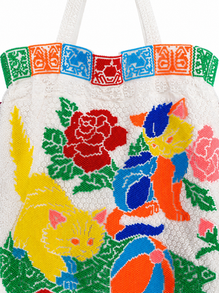 Vintage 70s/80s Perlenstickerei Katzen Beuteltasche