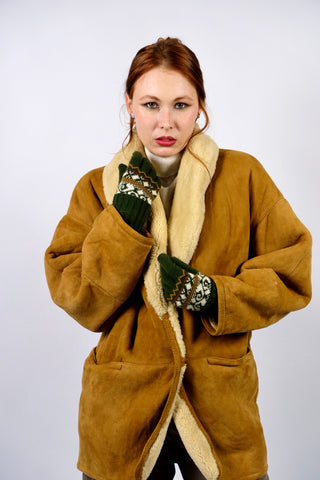 80s/90s Strick Handschuhe in Dunkelgrün/Olivgrün mit Norwegermuster in Rost/Orange, Senf/Hellbraun und Cremeweiß – zu empfehlen für eine kleine Größe (ca. 6 bzw. XS)