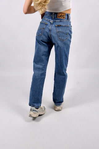 Vintage 90s Lee High Waist Slim Fit Stretch Jeans Mittelblau - XS