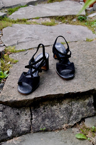 90s/00s Gabor Slingback Riemchensandaletten aus echtem Veloursleder in Schwarz mit Blockabsatz – ein absolutes Highlight