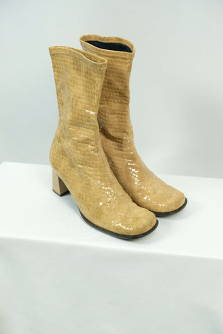 Beige 90s Square Toe Lederstiefeletten in glänzendem Animal-Look mit Blockabsatz, UK-Größe 5 (entspricht einer EU 37,5) – absolute Hingucker!