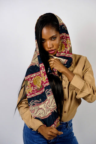 80s/90s Schal mit floralem Boho Paisley Print in Dunkelblau, Beere, Beige/Puder, Hellbraun und Olivgrün – ein absolutes Highlight