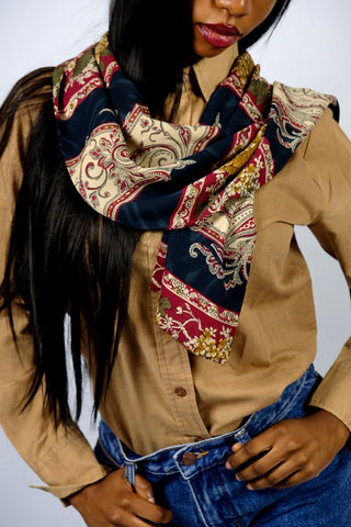 80s/90s Schal mit floralem Boho Paisley Print in Dunkelblau, Beere, Beige/Puder, Hellbraun und Olivgrün – ein absolutes Highlight