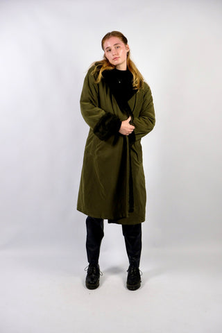 Vintage 80s Penny Lane Trenchcoat mit Kunstpelzfutter Oliv - S/M
