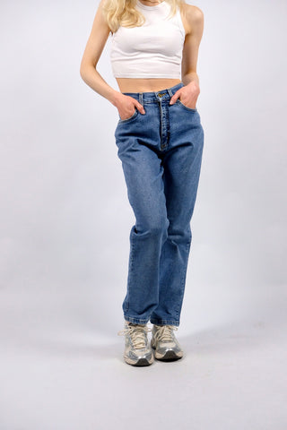 Vintage 90s Lee High Waist Slim Fit Stretch Jeans Mittelblau - XS