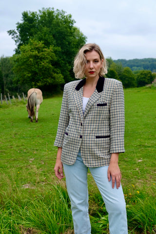 Vintage 90s Wolle Mix Hahnentritt Blazer - L