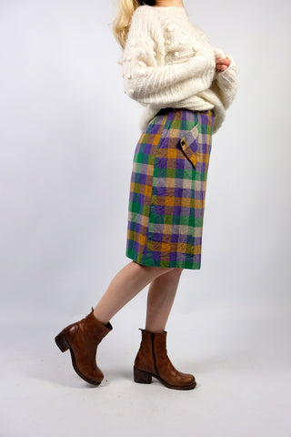 Vintage 70s High Waist Wolle Karo Rock - XS